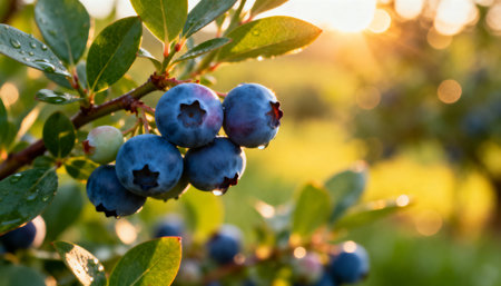 A cluster of ripe blueberries hangs from the branches amidst lush green leaves, illuminated by dappled sunlight. Vibrant colors and detailed textures. Close-up shot.の素材
