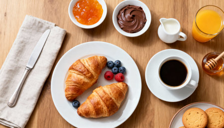 Breakfast with croissants, coffee and berriesの素材