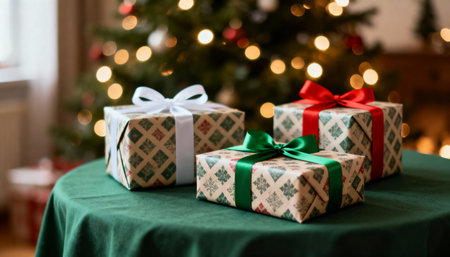 Christmas holiday delivery and sustainable gifts concept. Green blue gift boxes wrapped in eco-friendly packagingの素材