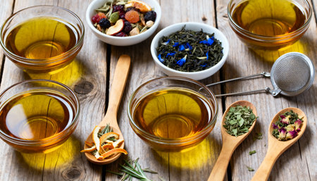 Different herbal teas and dry leaves on wooden tableの素材