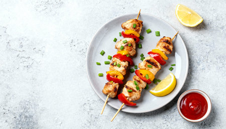 Chicken kebab or shashlik with vegetables on skewer.の素材