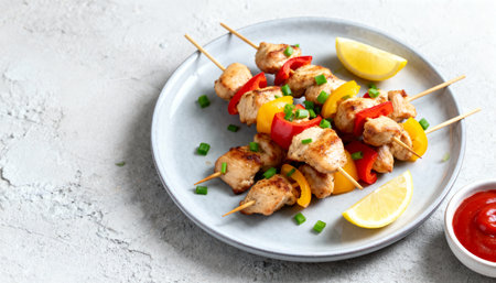 Chicken kebab or shashlik with vegetables on skewer.の素材