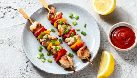 Chicken kebab or shashlik with vegetables on skewer.の素材