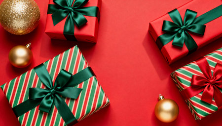 Christmas or New Year background with gift boxes and decorations. Flat lay, top view.の素材