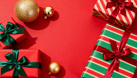 Christmas or New Year composition. Gifts, balls on red background. Flat lay, top view, copy spaceの素材