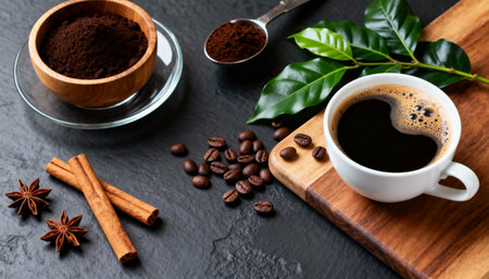 Cup of coffee on black backgroundの素材