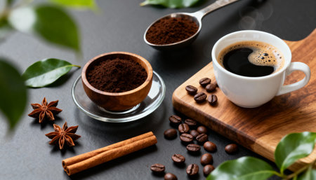 Coffee cup, coffee beans, cinnamon and anise on black backgroundの素材