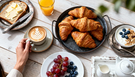Breakfast with coffee, croissants, berries and orange juice on wooden tableの素材
