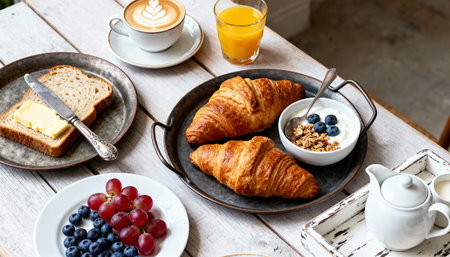 Croissant jam coffee orange juice at white wooden table. Traditional breakfast.の素材