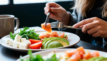 Healthy breakfast in a restaurant. Cropped image of a woman eating a healthy breakfast.の写真素材