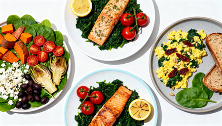 Top view of healthy food with salmon, spinach, feta cheese, tomatoes, olives, corn salad and bread on white backgroundの素材