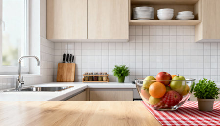 Close up of wooden table in modern kitchen interior with fresh fruits in bowl. Mock up, 3D Renderingの素材