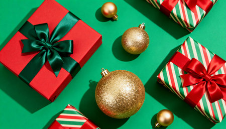 Christmas composition. Christmas gift boxes, balls on green background. Flat lay, top view, copy spaceの素材