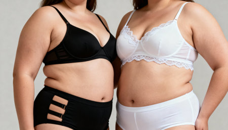Two plus size women in white lingerie, close-up.の素材