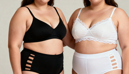 Plus size fat women in white and black lingerie, close up. Female body in underwear.の素材
