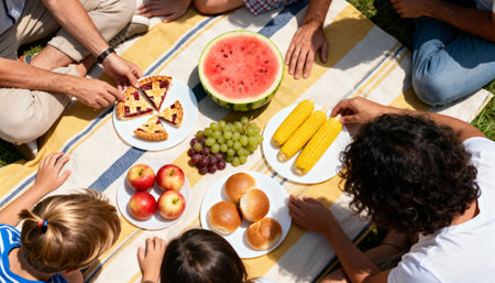 Top view of family having picnic on blanket in garden at summer dayの素材