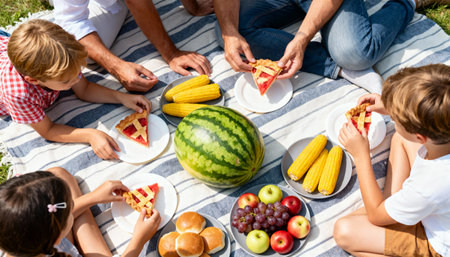 top view of family having picnic on blanket with fruits and croissantsの素材