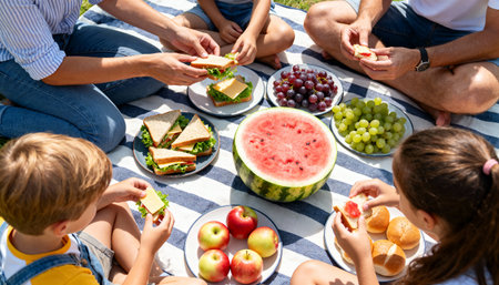 cropped shot of family eating sandwiches and watermelon on picnic blanketの素材