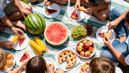 high angle view of family eating fruits and watermelon on picnic tableの素材