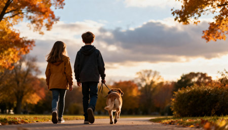 Little boy and girl walking with a dog in the park at autumn timeの素材