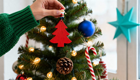 Woman decorating christmas tree with red and blue baubles