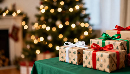 christmas, holidays and celebration concept - close up of christmas presents over living room...