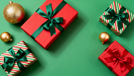 Gift boxes and Christmas balls on green background. Flat lay, top view.