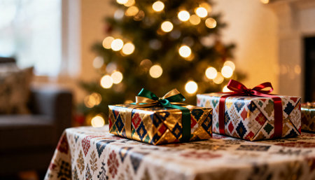Christmas presents on a table in front of a decorated Christmas tree.の写真素材