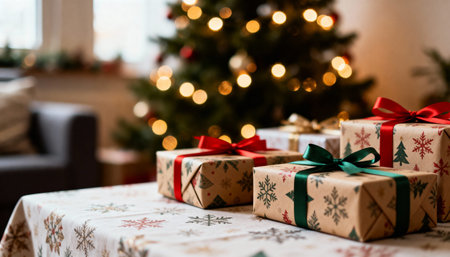 Christmas presents on the table with Christmas tree and lights in the background