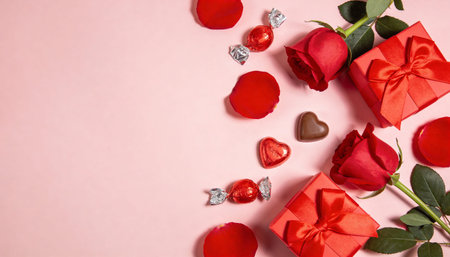 Valentine s Day Pink Flat Lay Background with Chocolates, Roses and Giftsの写真素材