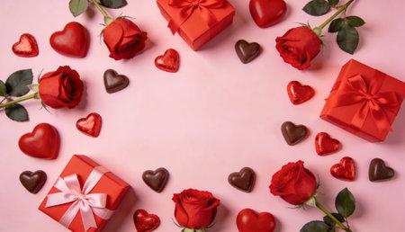 Valentine s Day Pink Flat Lay Background with Chocolates, Roses and Gifts
