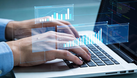 Businessman using laptop computer and holding AI icon showing advanced technology work with...