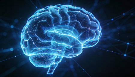 3D rendering of a human brain in blue light on a dark background