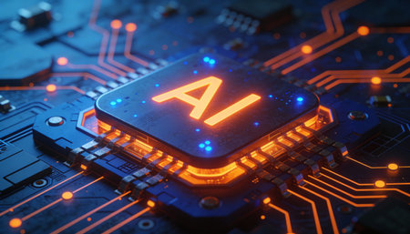 AI illuminated circuit board, glowing orange technology background, artificial intelligence chip,...