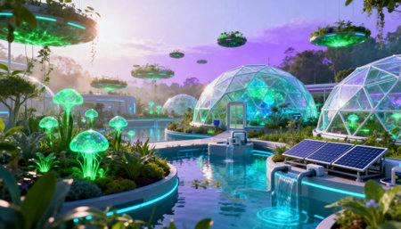 A stunning futuristic eco city featuring transparent geodesic domes, floating gardens, glowing...