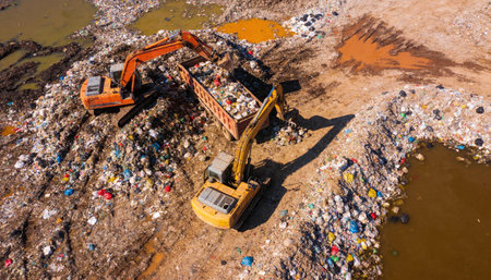An aerial perspective of heavy machinery operating on a vast landfill site, surrounded by contaminated water pools. This image depicts the overwhelming scale of global consumption and the challenges of solid waste management.の写真素材