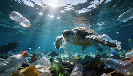 An underwater shot captures a sea turtle entangled in discarded plastic film, struggling to swim...