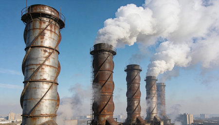 A row of large industrial chimneys releasing dense white smoke into a clear blue sky. The metal...