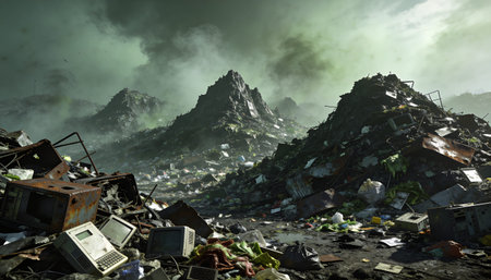 A dystopian landscape dominated by massive mountains of garbage and discarded electronics (e-waste). Rusted monitors and hardware are scattered in the foreground, while a thick, greenish toxic could fill the air above the peaks of trash.の写真素材