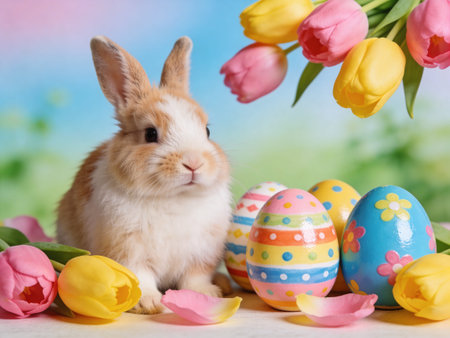 Cute little bunny with Easter eggs and tulips on nature background