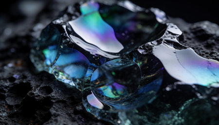 High-angle close-up of glossy obsidian crystal clusters embedded in a rough volcanic rock texture. Luxury conceptual background highlighting organic geological patterns, neon light reflections, and environmental mineralogy.