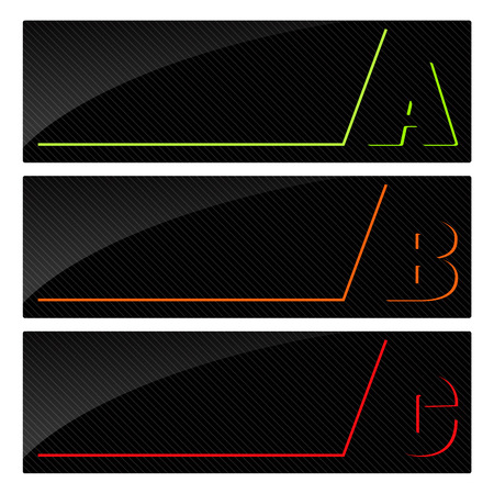 Vector glossy banners with colored green, red, orange letters a b c on black striped backgroundのイラスト素材