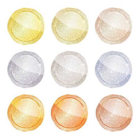 Vector set of polished round shiny disks from platinum, gold, red gold, silver, bronze, copper, aluminum, which can be used as medals, coins, buttons or signsのイラスト素材