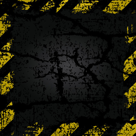 vector old shabby frame with yellow and black stripes danger warning on a background of old cracked asphaltのイラスト素材