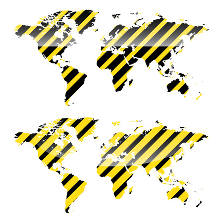 vector glossy World map of yellow and black stripes danger warningのイラスト素材