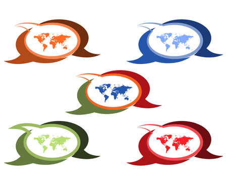 vector set of chat bubbles of different colors and shades with the world mapのイラスト素材