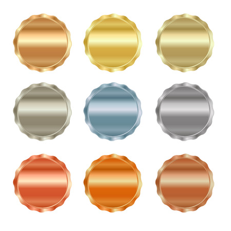 Vector set of blank stamps of gold, red gold, white gold, platinum, silver, bronze, copper, brass, aluminum, which can be used as icons, buttons, coins, medalsのイラスト素材