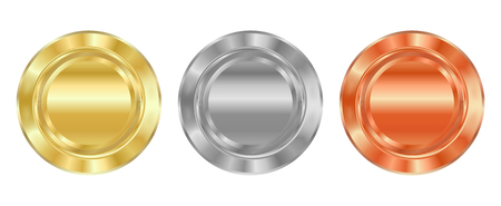 Vector Blank template for medals of gold, silver, bronze, which can be used as labels, buttons, coins, medalsのイラスト素材