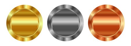 Vector set of blank templates of gold, silver, bronze, which can be used as labels, buttons, coins, medalsのイラスト素材