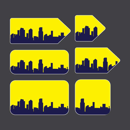 set of blank paper labels of various shapes with a silhouette of the city on a yellow backgroundのイラスト素材